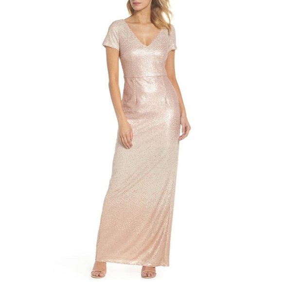 Adrianna Papell Ombre Sequin Column Gown Blush Ombre Short Sleeve V-Neck Size 10 - Picture 16 of 16